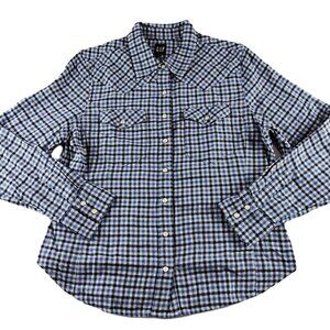 GAP Pearl Snap Western Flannel Shirt Women's Size Large Blue White Plaid Cotton